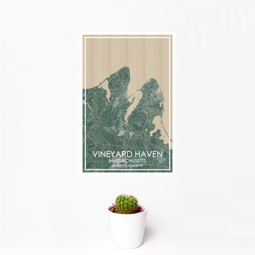 12x18 VINEYARD HAVEN Massachusetts Map Print Portrait Orientation in Afternoon Style With Small Cactus Plant in White Planter