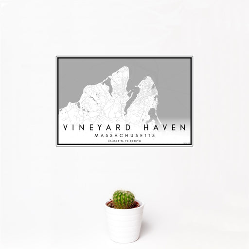 12x18 Vineyard Haven Massachusetts Map Print Landscape Orientation in Classic Style With Small Cactus Plant in White Planter