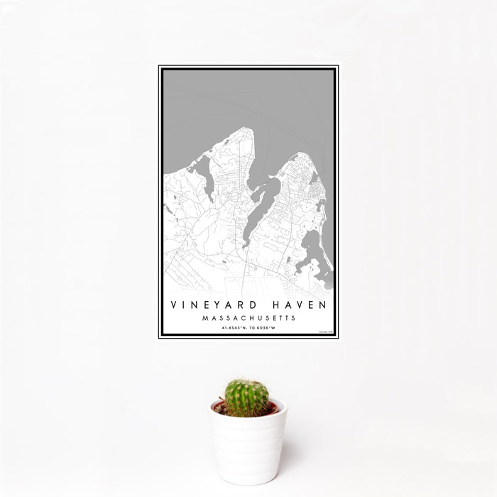 12x18 Vineyard Haven Massachusetts Map Print Portrait Orientation in Classic Style With Small Cactus Plant in White Planter