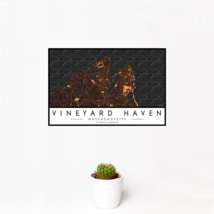 12x18 Vineyard Haven Massachusetts Map Print Landscape Orientation in Ember Style With Small Cactus Plant in White Planter