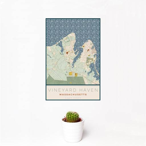 12x18 Vineyard Haven Massachusetts Map Print Portrait Orientation in Woodblock Style With Small Cactus Plant in White Planter
