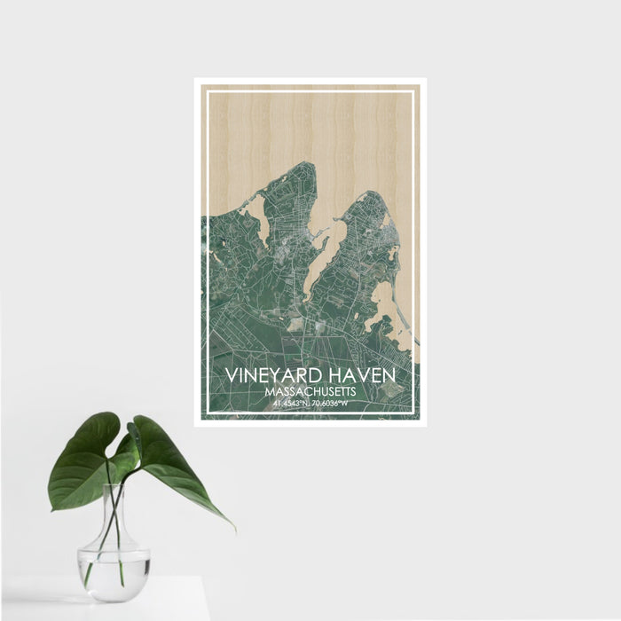 16x24 VINEYARD HAVEN Massachusetts Map Print Portrait Orientation in Afternoon Style With Tropical Plant Leaves in Water
