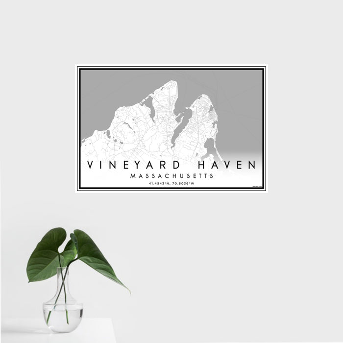 16x24 Vineyard Haven Massachusetts Map Print Landscape Orientation in Classic Style With Tropical Plant Leaves in Water