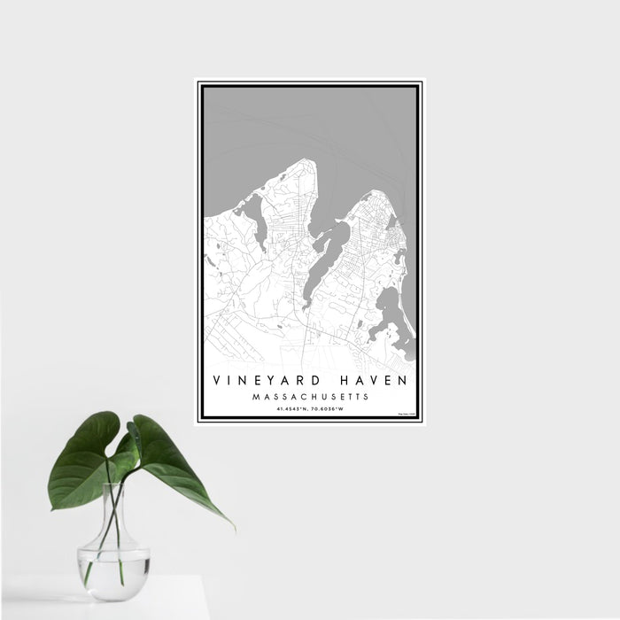 16x24 Vineyard Haven Massachusetts Map Print Portrait Orientation in Classic Style With Tropical Plant Leaves in Water