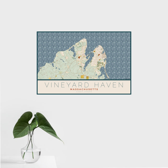 16x24 Vineyard Haven Massachusetts Map Print Landscape Orientation in Woodblock Style With Tropical Plant Leaves in Water