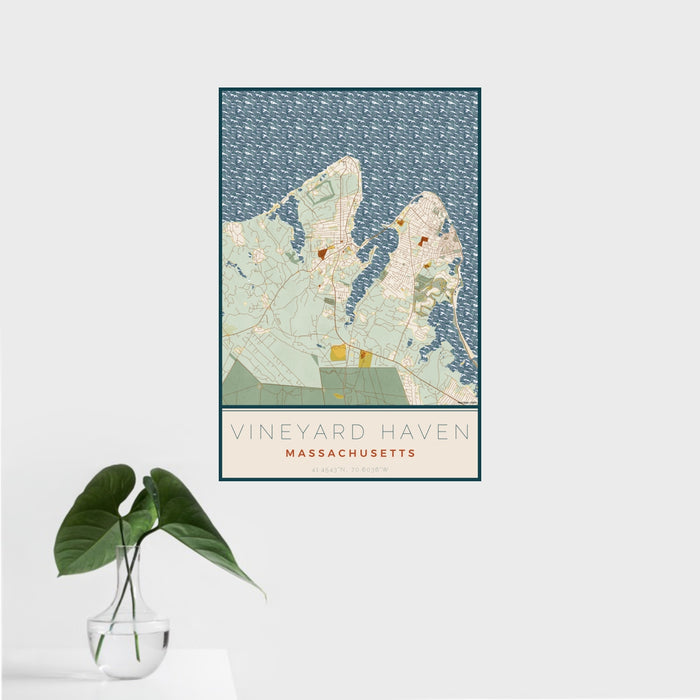 16x24 Vineyard Haven Massachusetts Map Print Portrait Orientation in Woodblock Style With Tropical Plant Leaves in Water