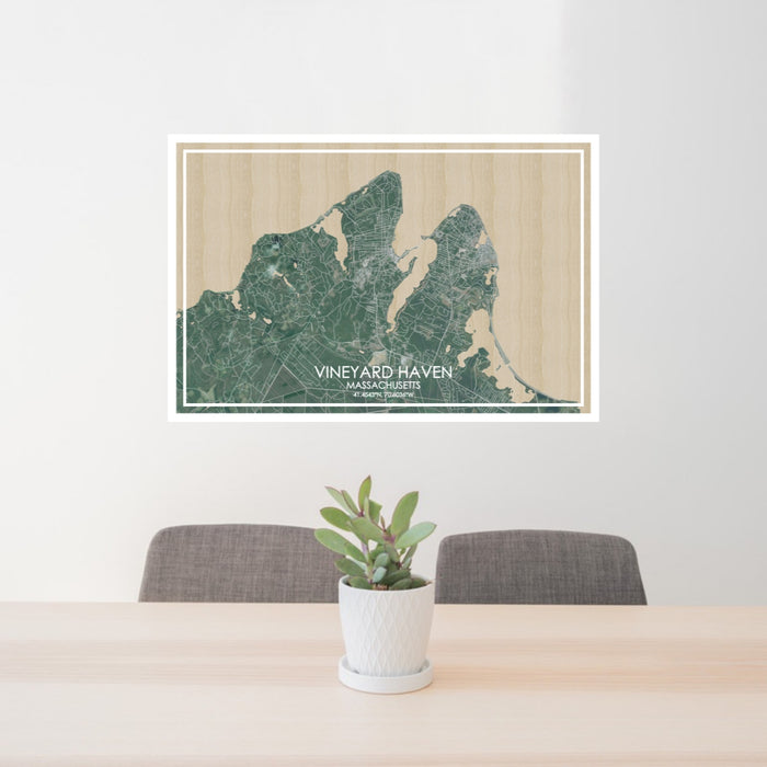 24x36 VINEYARD HAVEN Massachusetts Map Print Lanscape Orientation in Afternoon Style Behind 2 Chairs Table and Potted Plant