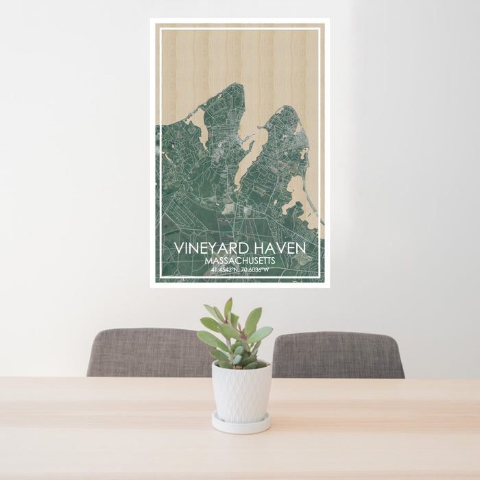 24x36 VINEYARD HAVEN Massachusetts Map Print Portrait Orientation in Afternoon Style Behind 2 Chairs Table and Potted Plant