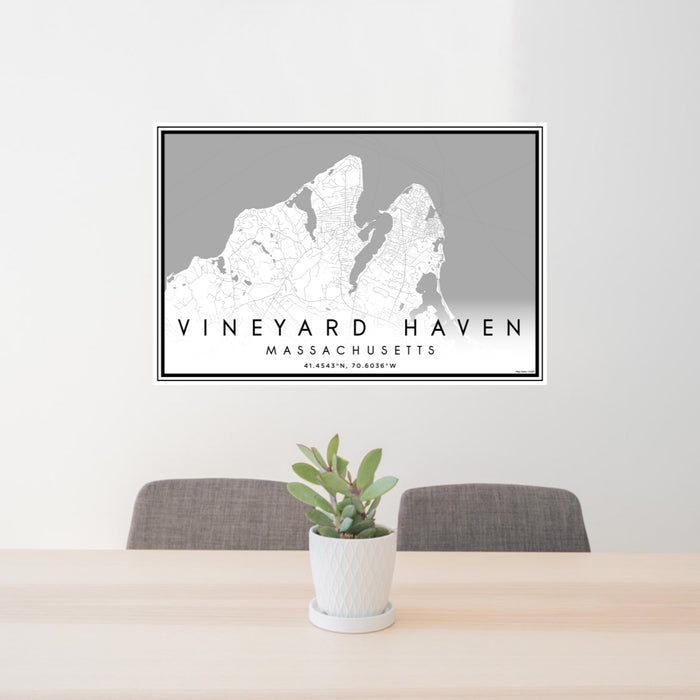 24x36 Vineyard Haven Massachusetts Map Print Lanscape Orientation in Classic Style Behind 2 Chairs Table and Potted Plant
