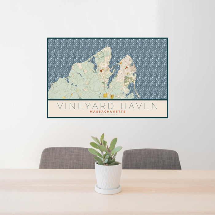 24x36 Vineyard Haven Massachusetts Map Print Lanscape Orientation in Woodblock Style Behind 2 Chairs Table and Potted Plant