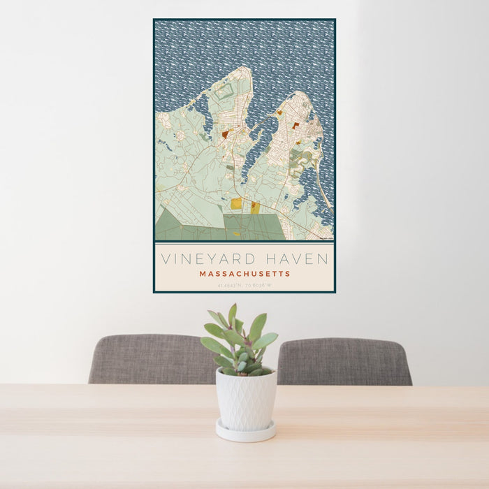 24x36 Vineyard Haven Massachusetts Map Print Portrait Orientation in Woodblock Style Behind 2 Chairs Table and Potted Plant