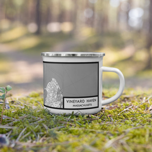 Right View Custom Vineyard Haven Massachusetts Map Enamel Mug in Classic on Grass With Trees in Background