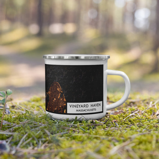 Right View Custom Vineyard Haven Massachusetts Map Enamel Mug in Ember on Grass With Trees in Background
