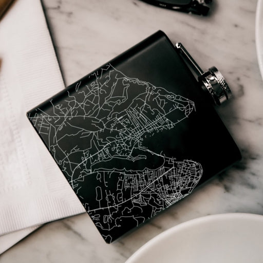 Vineyard Haven Massachusetts Custom Engraved City Map Inscription Coordinates on 6oz Stainless Steel Flask in Black