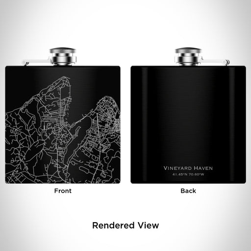 Rendered View of Vineyard Haven Massachusetts Map Engraving on 6oz Stainless Steel Flask in Black