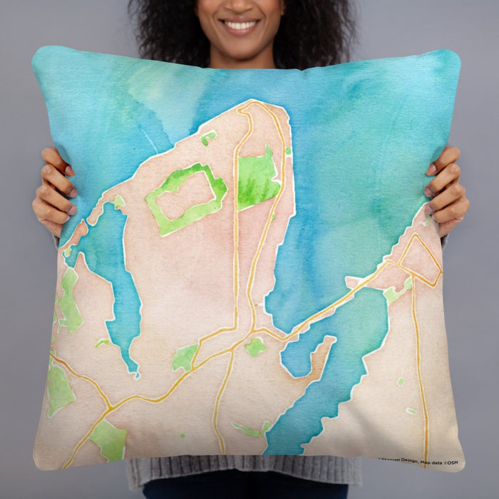 Person holding 22x22 Custom Vineyard Haven Massachusetts Map Throw Pillow in Watercolor