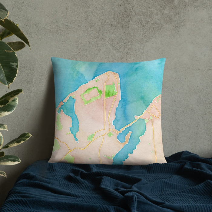 Custom Vineyard Haven Massachusetts Map Throw Pillow in Watercolor on Bedding Against Wall