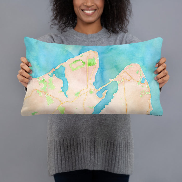 Person holding 20x12 Custom Vineyard Haven Massachusetts Map Throw Pillow in Watercolor