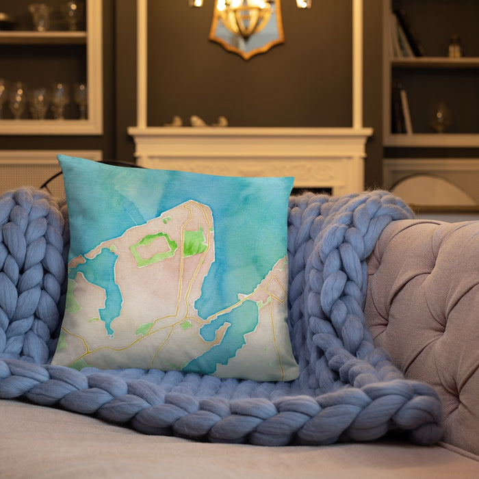 Custom Vineyard Haven Massachusetts Map Throw Pillow in Watercolor on Cream Colored Couch