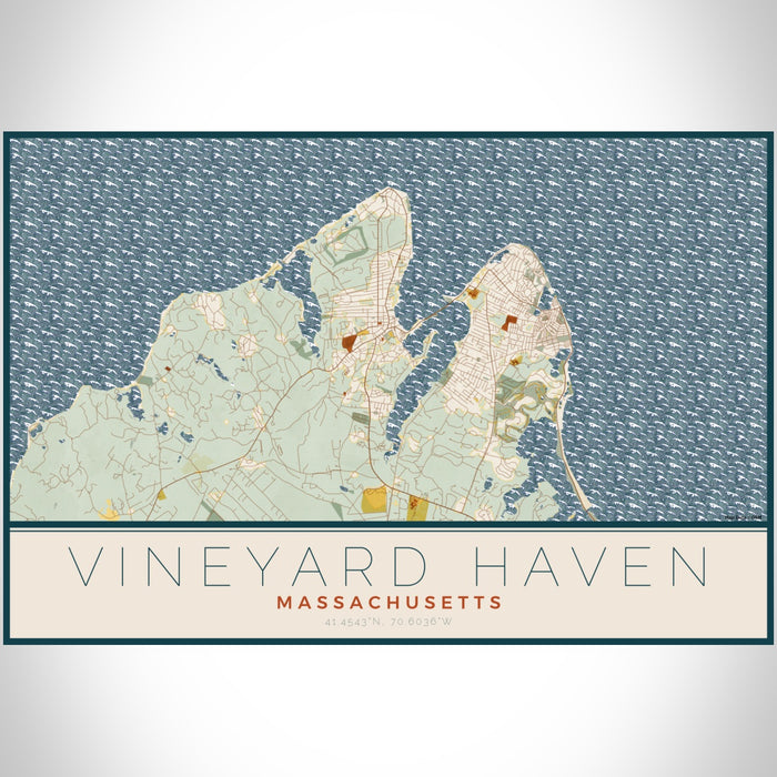 Vineyard Haven Massachusetts Map Print Landscape Orientation in Woodblock Style With Shaded Background