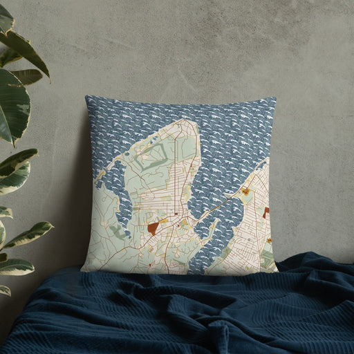 Custom Vineyard Haven Massachusetts Map Throw Pillow in Woodblock on Bedding Against Wall