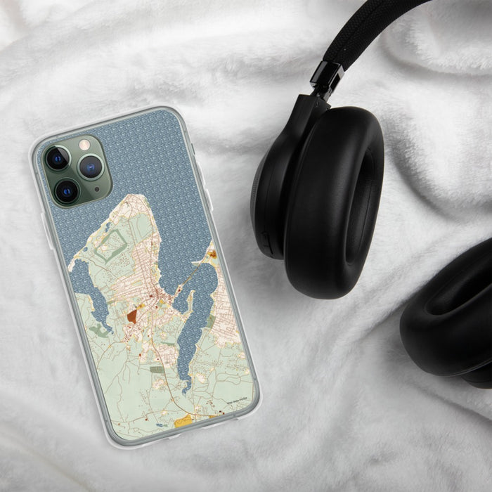 Custom Vineyard Haven Massachusetts Map Phone Case in Woodblock on Table with Black Headphones