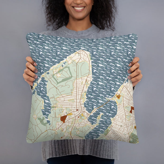 Person holding 18x18 Custom Vineyard Haven Massachusetts Map Throw Pillow in Woodblock