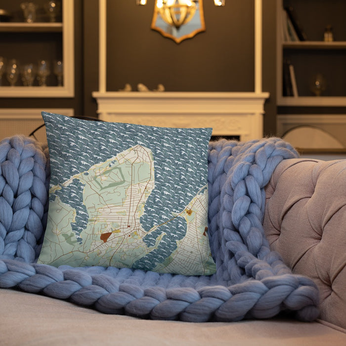 Custom Vineyard Haven Massachusetts Map Throw Pillow in Woodblock on Cream Colored Couch