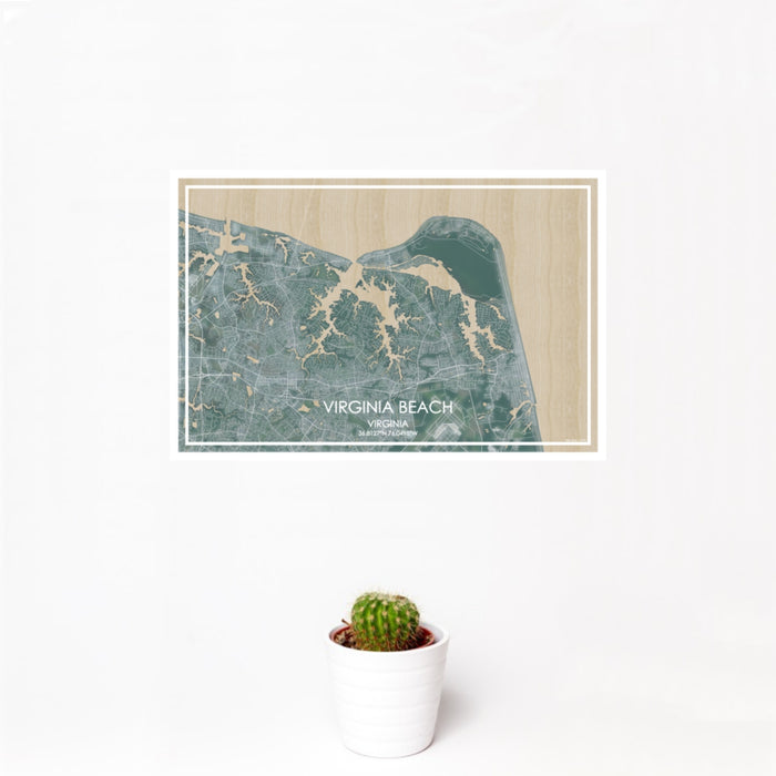 12x18 Virginia Beach Virginia Map Print Landscape Orientation in Afternoon Style With Small Cactus Plant in White Planter
