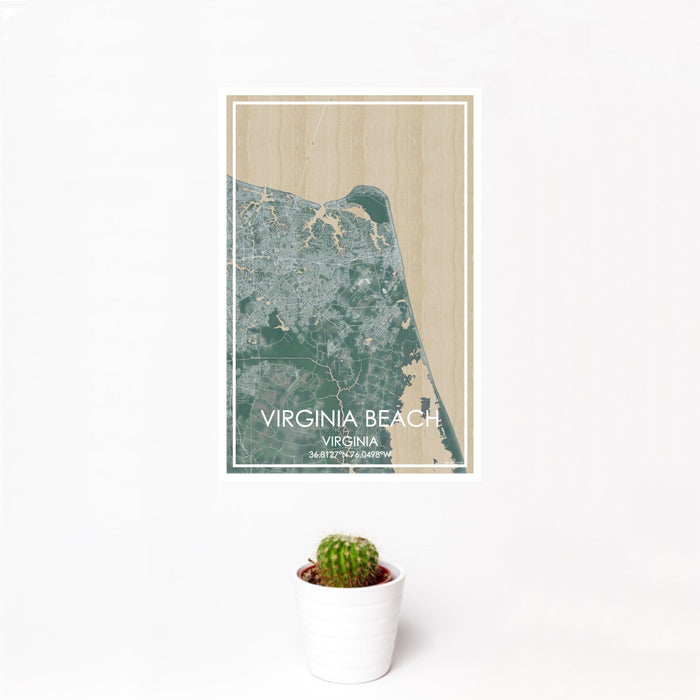 12x18 Virginia Beach Virginia Map Print Portrait Orientation in Afternoon Style With Small Cactus Plant in White Planter