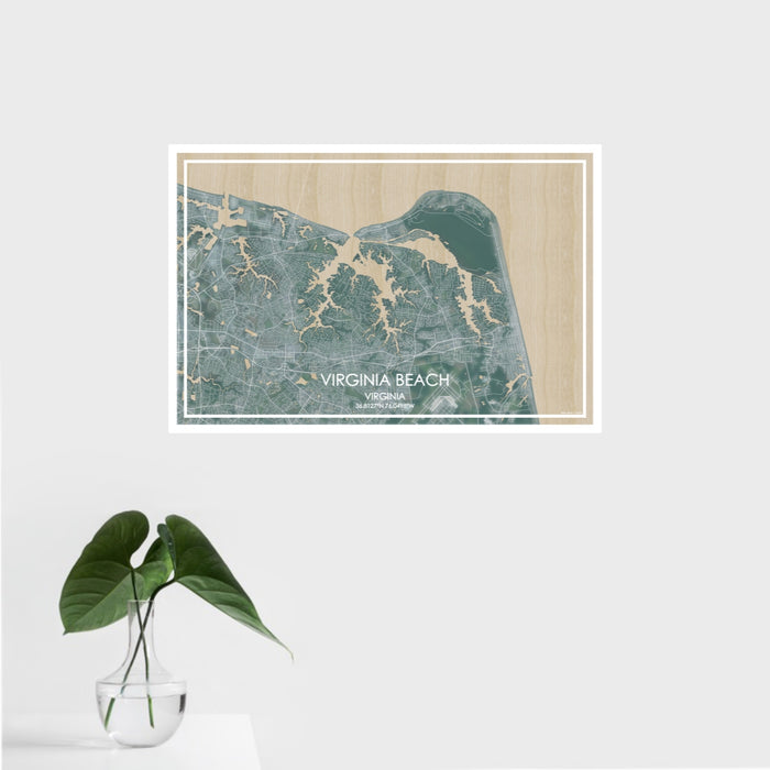 16x24 Virginia Beach Virginia Map Print Landscape Orientation in Afternoon Style With Tropical Plant Leaves in Water
