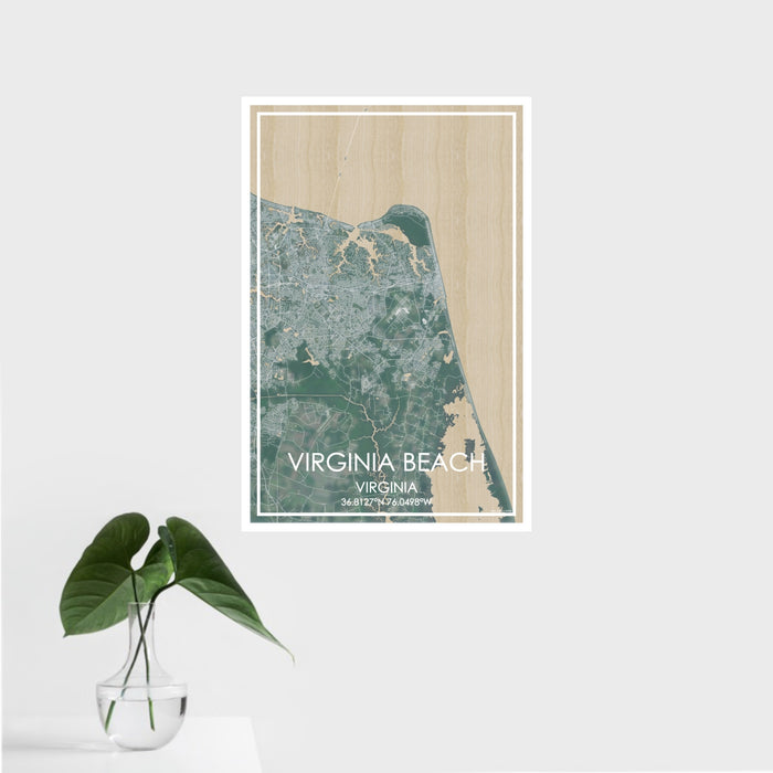 16x24 Virginia Beach Virginia Map Print Portrait Orientation in Afternoon Style With Tropical Plant Leaves in Water