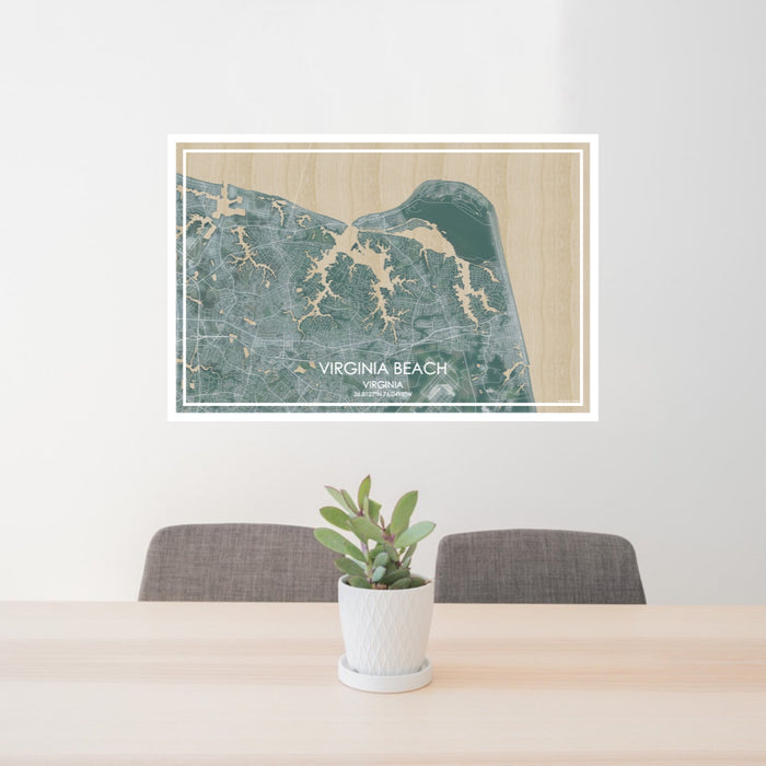 24x36 Virginia Beach Virginia Map Print Lanscape Orientation in Afternoon Style Behind 2 Chairs Table and Potted Plant
