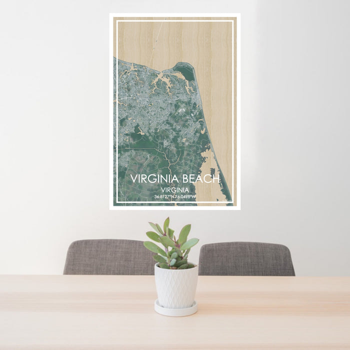 24x36 Virginia Beach Virginia Map Print Portrait Orientation in Afternoon Style Behind 2 Chairs Table and Potted Plant