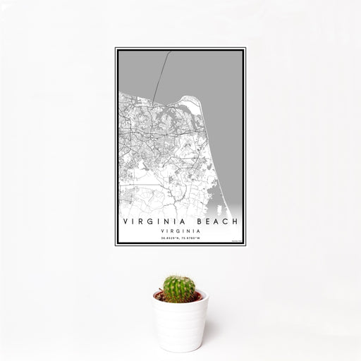 12x18 Virginia Beach Virginia Map Print Portrait Orientation in Classic Style With Small Cactus Plant in White Planter