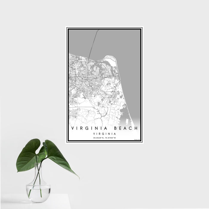 16x24 Virginia Beach Virginia Map Print Portrait Orientation in Classic Style With Tropical Plant Leaves in Water