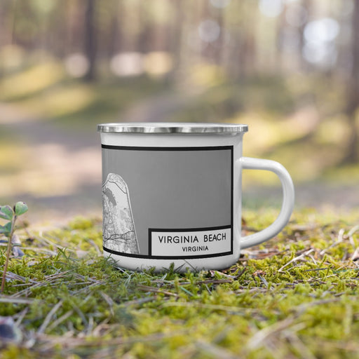 Right View Custom Virginia Beach Virginia Map Enamel Mug in Classic on Grass With Trees in Background