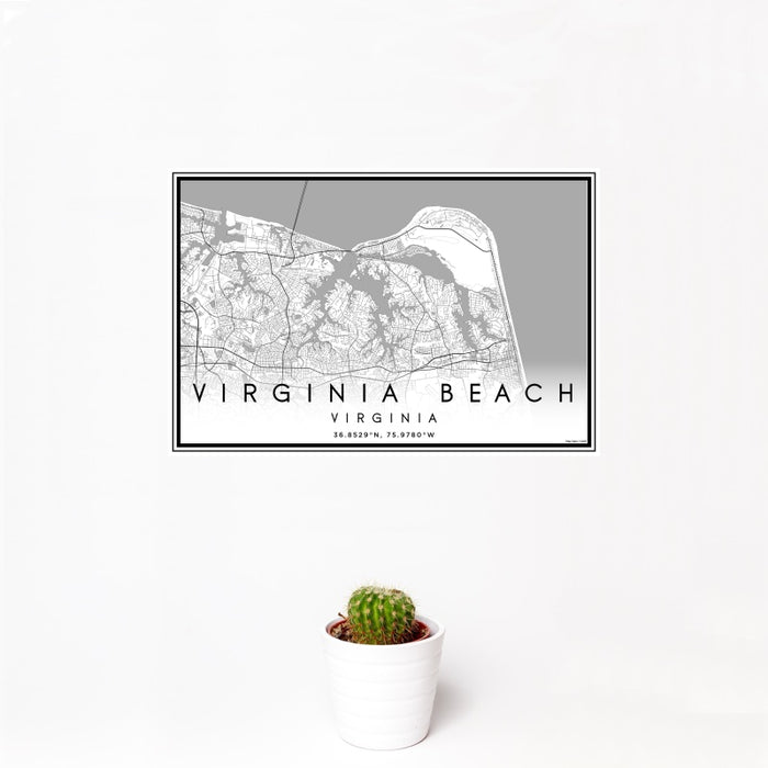 12x18 Virginia Beach Virginia Map Print Landscape Orientation in Classic Style With Small Cactus Plant in White Planter