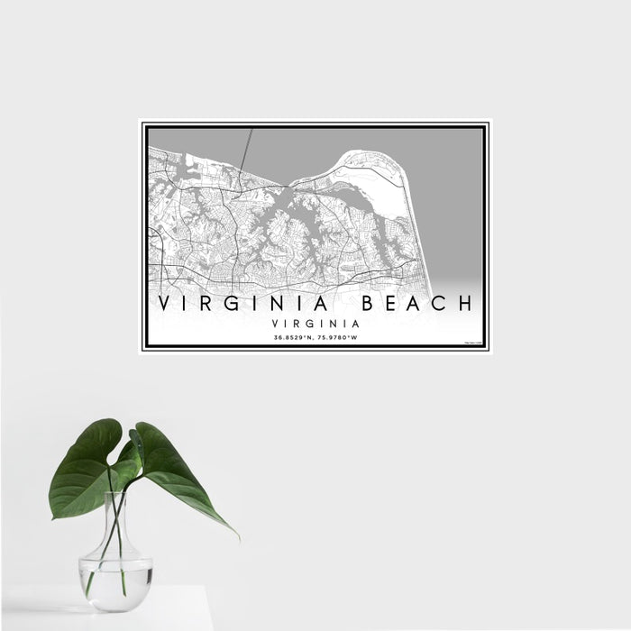 16x24 Virginia Beach Virginia Map Print Landscape Orientation in Classic Style With Tropical Plant Leaves in Water