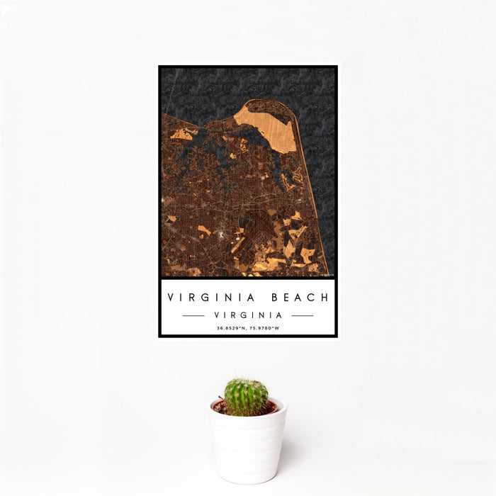 12x18 Virginia Beach Virginia Map Print Portrait Orientation in Ember Style With Small Cactus Plant in White Planter