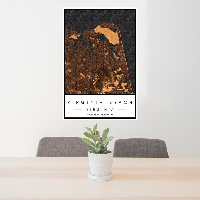 24x36 Virginia Beach Virginia Map Print Portrait Orientation in Ember Style Behind 2 Chairs Table and Potted Plant