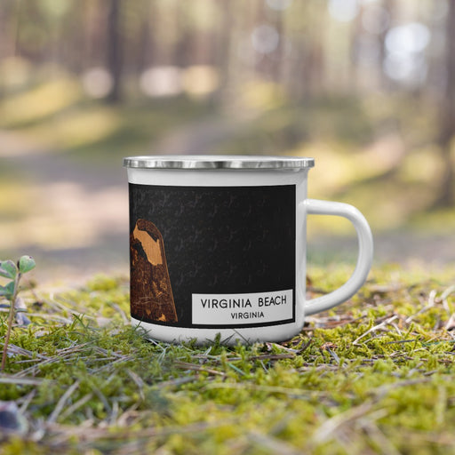 Right View Custom Virginia Beach Virginia Map Enamel Mug in Ember on Grass With Trees in Background