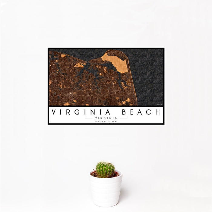 12x18 Virginia Beach Virginia Map Print Landscape Orientation in Ember Style With Small Cactus Plant in White Planter