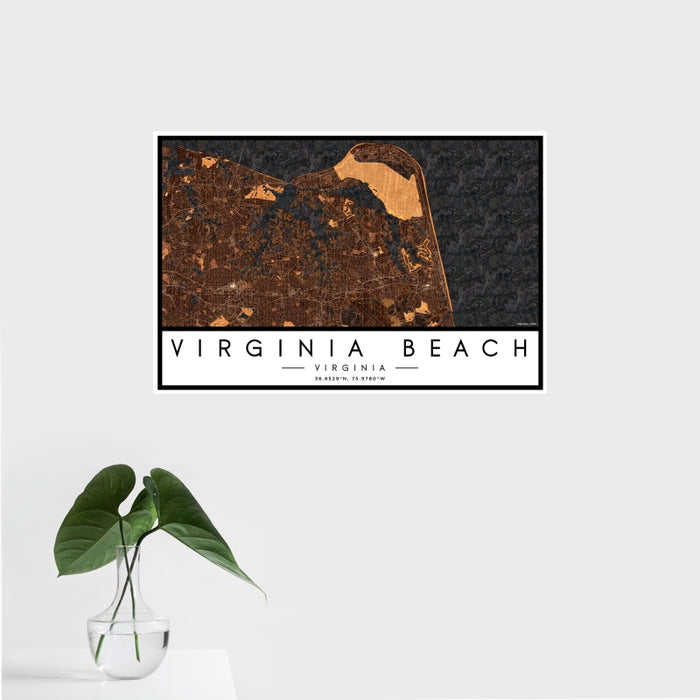 16x24 Virginia Beach Virginia Map Print Landscape Orientation in Ember Style With Tropical Plant Leaves in Water