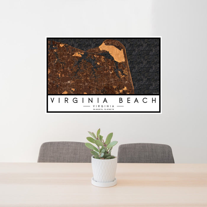 24x36 Virginia Beach Virginia Map Print Landscape Orientation in Ember Style Behind 2 Chairs Table and Potted Plant