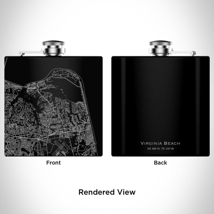 Rendered View of Virginia Beach Virginia Map Engraving on 6oz Stainless Steel Flask in Black