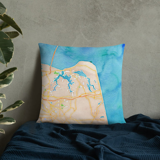 Custom Virginia Beach Virginia Map Throw Pillow in Watercolor on Bedding Against Wall