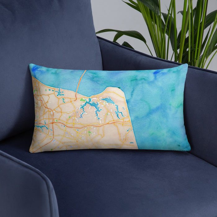 Custom Virginia Beach Virginia Map Throw Pillow in Watercolor on Blue Colored Chair