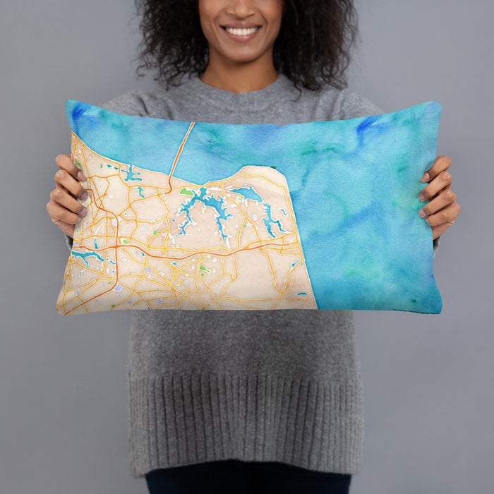 Person holding 20x12 Custom Virginia Beach Virginia Map Throw Pillow in Watercolor