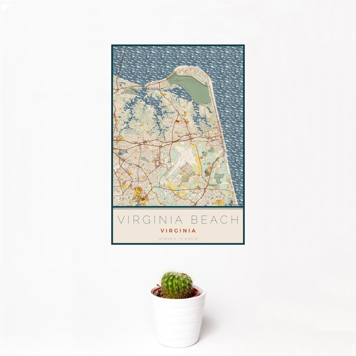 12x18 Virginia Beach Virginia Map Print Portrait Orientation in Woodblock Style With Small Cactus Plant in White Planter